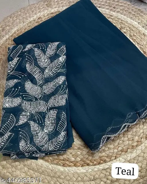 Georgette saree with silver zari embroidery, sequin work and free-size fit (India)