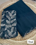 Georgette saree with silver zari embroidery, sequin work and free-size fit (India)