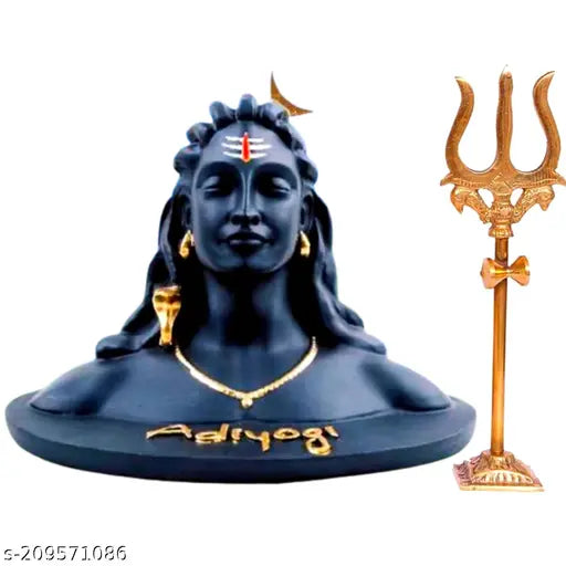 Black polyresin Adiyogi Shiva statue with Trishul for car dashboards and home decor, Indian artifact