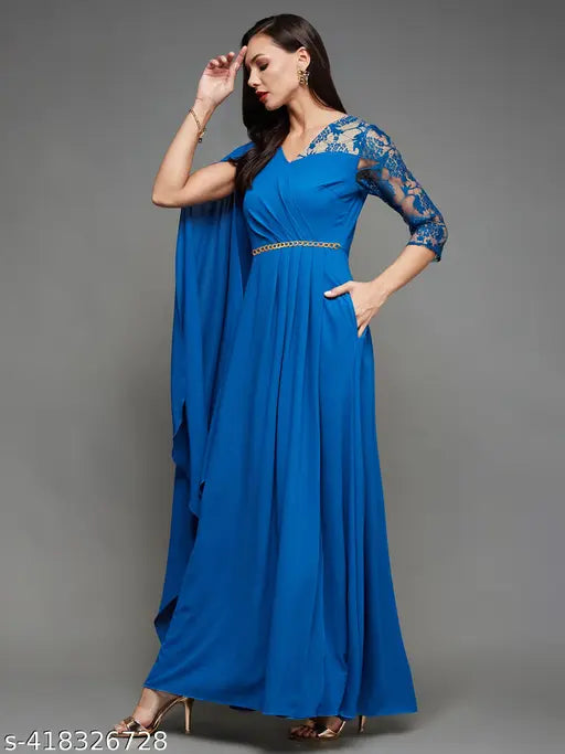Royal blue Georgette maxi dress, short sleeves, asymmetric embellished design, women's wear from Miss Chase