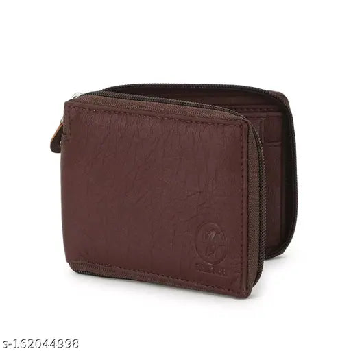 Brown faux leather round zip wallet with two compartments, solid pattern. Perfect accessory for men's everyday carry. Handmade in India