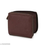 Brown faux leather round zip wallet with two compartments, solid pattern. Perfect accessory for men's everyday carry. Handmade in India