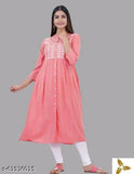 Peach denim embroidered kurti, trendy three-quarter sleeve women's fashion wear with heavy embellishment, made in India