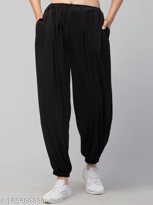 Black blend viscose harem pants, free size with elastic waistband - Indian-made women's regular fit, breathable polycotton trousers