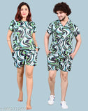 Green abstract cotton lycra coord set for men and women, Ansh Collection designer nightsuit combo for couple - comfortable sleepwear with free scrunches, beautifully printed and easy to hand-wash, India origin