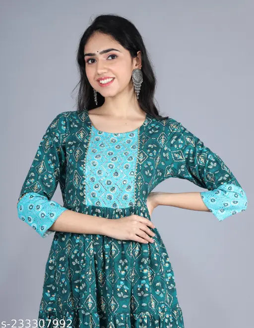 Rayon print Anarkali Kurti with yog stone hand work, vibrant Indian fashion for women in three-quarter sleeves