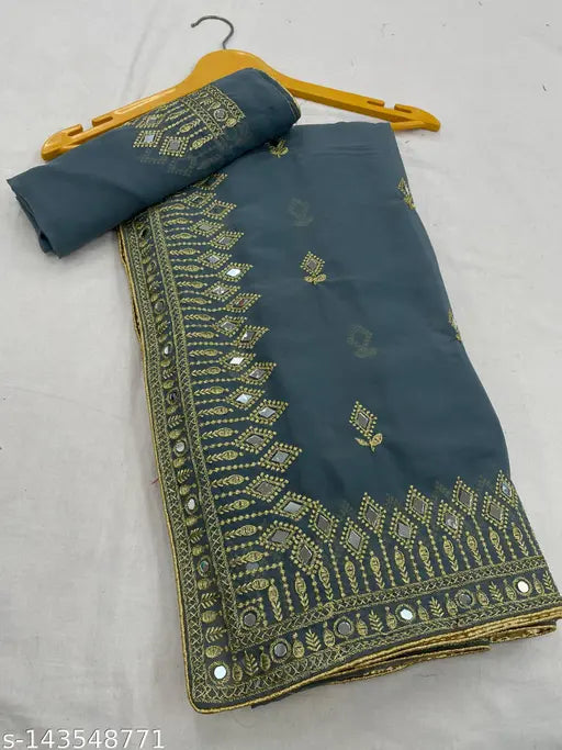 Embellished Georgette silk Bollywood saree with heavy mirror-fix moti border and running blouse in Banarasi silk