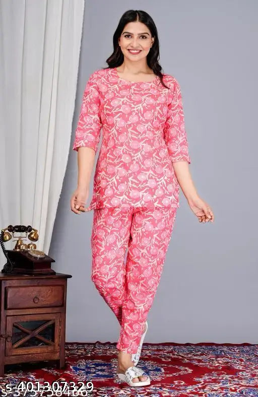 Women's cotton floral block-printed night suit top & pyjama set, three-quarter sleeves, vibrant Indian print