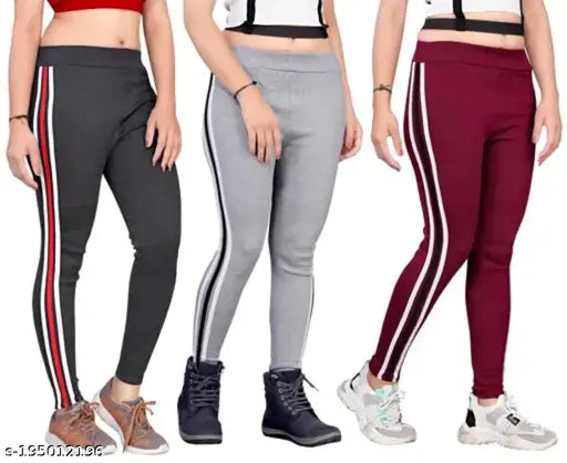 Striped cotton blend jeggings pack of 3, perfect for sports and yoga with elastic waistband, available in various winter colors