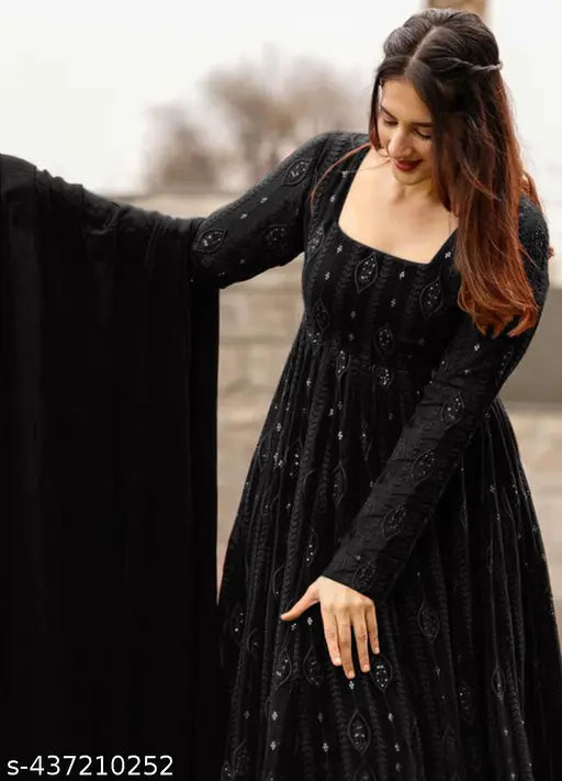 Georgette Embroidered Anarkali Gown with Dupatta (India) - Long sleeves, traditional Indian design, S-50, M-51, L-52, XL-52, XXL-53 inches dupatta length 2 meters