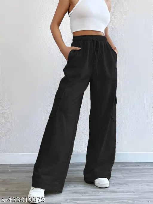 Recycled French terry cotton, wide leg cargo trousers for women - solid color, comfortable and elegant
