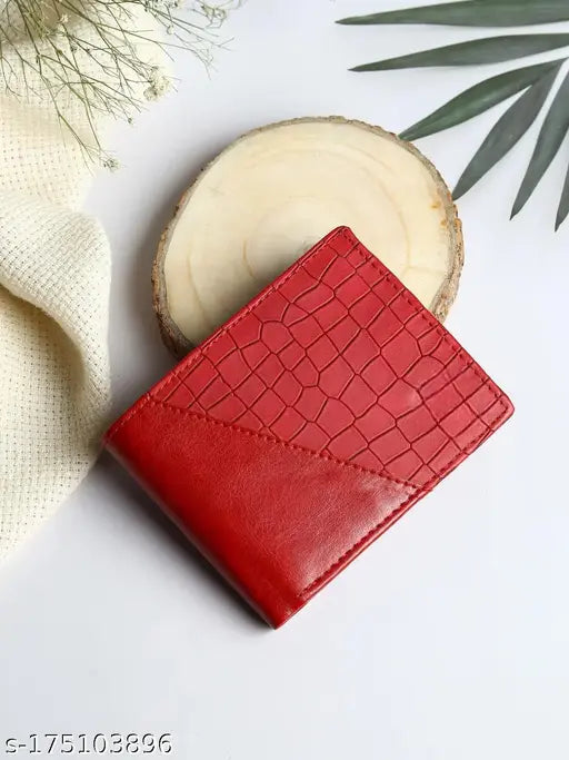 Red artificial leather men's formal wallet with 4 card slots, WALLETIN WI_CardPK_RedCroco pattern on solid background