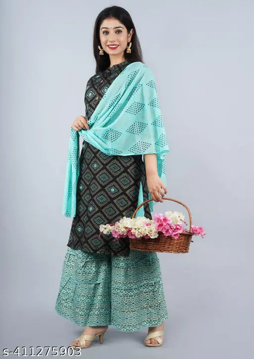 CottonRayon printed kurti set with sharara and dupatta, three-quarter sleeves. Indian ethnic wear for women's party or formal events