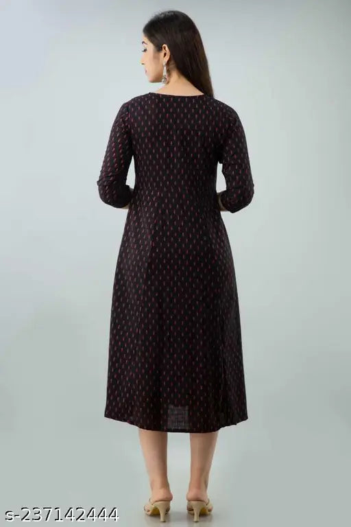 Black printed rayon anarkali gown for women, three-quarter sleeves, elegant Indian evening wear