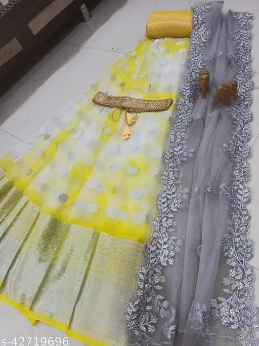Trendy yellow organza lehenga choli & dupatta set, unstitched, embroidered, soft silk topwear, net dupatta, India-made, silver dupatta, yellow blouse piece and belt included