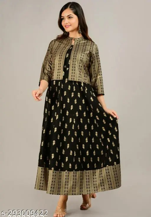 Black rayon anarkali kurta and jacket set, three-quarter sleeves, printed pattern on display rack, women's fashion from India