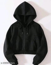 Fleece women's crop zipper hoodie jacket, solid color, long sleeves - size S-XL, Indian origin