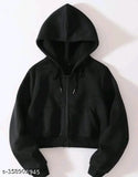 Fleece women's crop zipper hoodie jacket, solid color, long sleeves - size S-XL, Indian origin