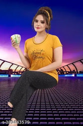 Yellow cotton hosiery nightwear suite by Daley Wear, short-sleeve pyjama set with printed design, comfortable and soft for daily use