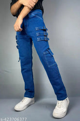 Dark Blue baggy cargo Jeans for men - Solid denim, six-pocket design, durable and stylish, ideal for everyday wear or rugged activities. (Size 32, waist 32", length 39", hip 35") Made in India