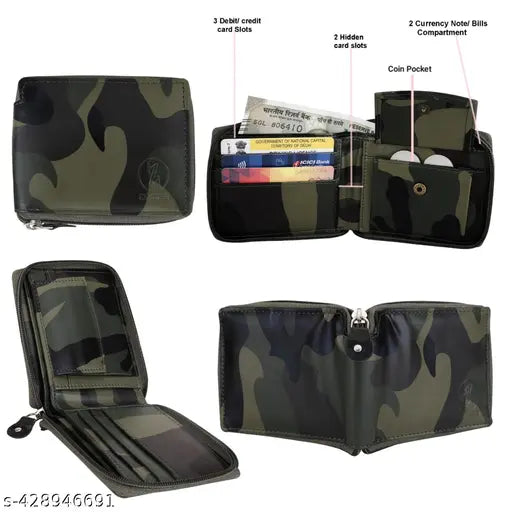 Stylish vegan round zip wallet, faux leather, army print design, perfect for men and women