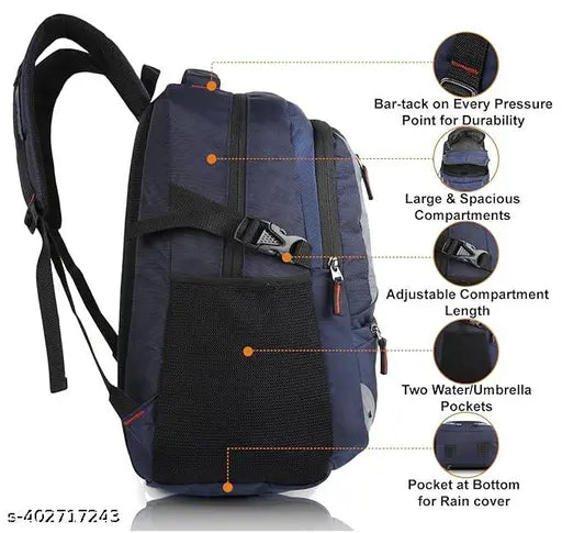 Spacious Navy Blue Polyester Unisex Backpack with Rain Cover & Reflective Strip - Lightweight, Durable, and Waterproof for School/Travel, Laptop Compartment, & Reflective Feature