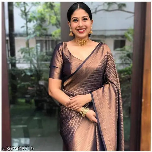 Vibrant Woven Kanjeevaram Silk Saree, handcrafted with Zari detailing from India