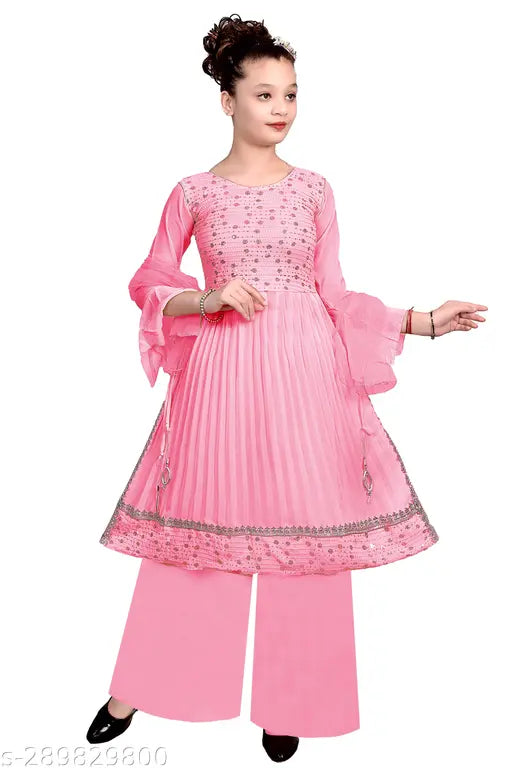 Premium embellished pink Georgette Kurta Palazzo & Dupatta set (Pack of 3), trendy ethnic party/wedding wear for girls