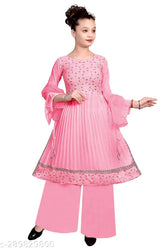 Premium embellished pink Georgette Kurta Palazzo & dupatta set for girls (pack of 3), stylish ethnic dress for party and wedding wear. Anarkali style with three-quarter sleeves and matching dupatta. Perfect for festivals like Diwali, Navratri, Eid, and Christmas