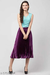 Satin pleated midi skirt for women, solid net quality, trending design and pattern for all seasons