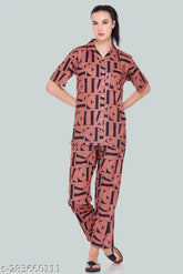 Cotton blend co-ord set for women: printed shirt & pant over-sized two piece set with all-over printed design, Indian origin