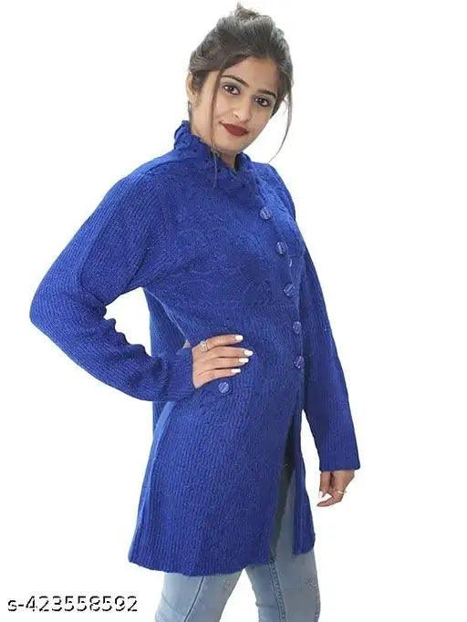 Woolen women's cardigan with pockets, embroidered net pattern, long sleeves, made in India