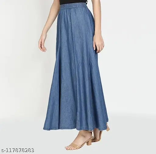 Blue Denim Western-style ankle-length skirt with elastic pattern for women, durable and comfortable denim, casual yet chic design