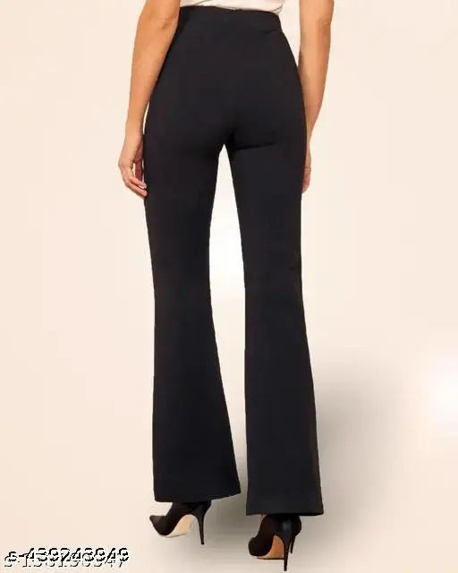 Black polyester blend formal/casual trousers for women, 38" inches, high waist bell bottom style