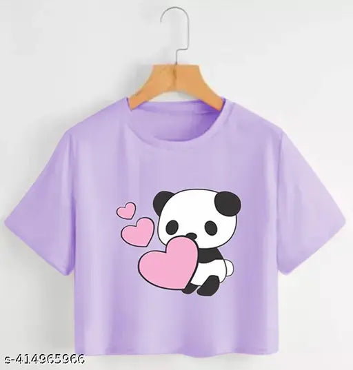 Printed cotton blend crop top t-shirt for women, short sleeves with fashionable print pattern