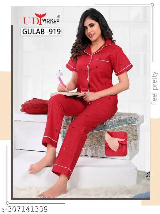 Cotton printed night suit for women & girls, cozy, stylish, short sleeves, micro print pattern, perfect fit, India origin