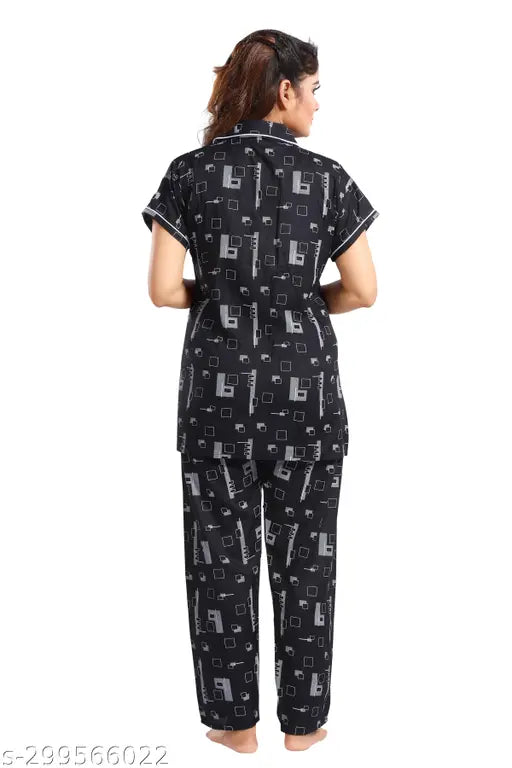 Black cotton printed night suit for women, fancy lace designer pyjama set with short sleeves, soft quality cotton fabric