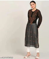 Georgette three-quarter sleeve Lucknowi Chikankari kurta for women, intricate Indian hand embroidery on fashionable outfit