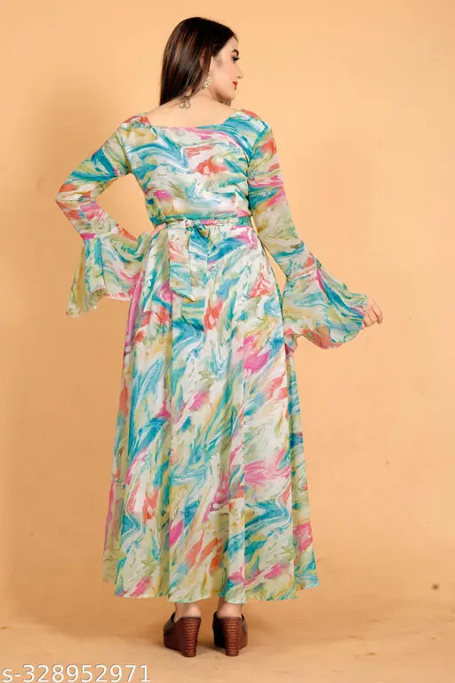 Red and white Georgette dress for women, printed combo, long sleeves, bell-shaped silhouette with fixed belt, India origin