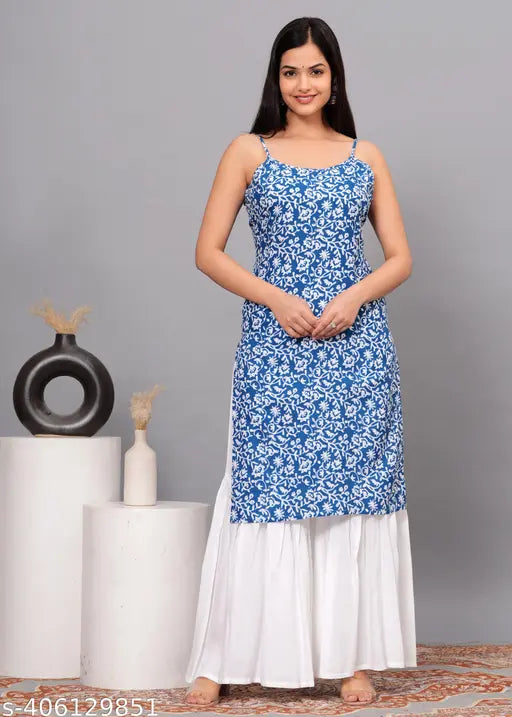 Printed rayon sharara set for women, featuring sleeveless kurta and palazzos with intricate net patterns, available in sizes S-XXL