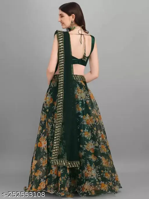 Organza and net botanical embellished choli and dupatta set with semi-stitched or free size (Lehenga 44m x 56m, Dupatta 2.15m), India origin