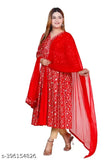 Red viscose rayon anarkali kurti with dupatta, embroidered pattern, India origin