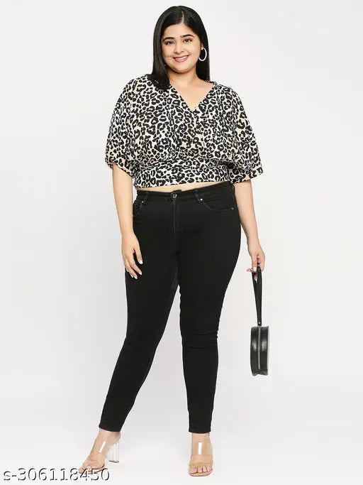 Animal print polyester smart casual crop top, short sleeves, smocking band, V-neckline, wrap style, India origin