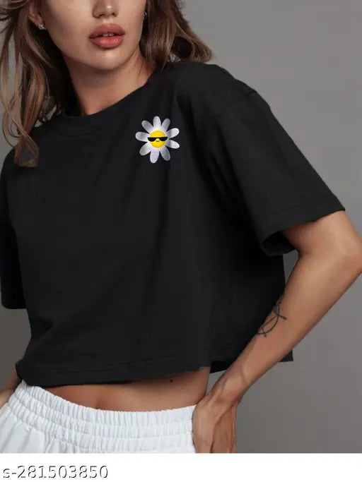Black cotton blend oversized flower print crop t-shirt for women's & girls, loose fit, suitable for all body types, trending color combination design, half sleeves, round neck, collarless