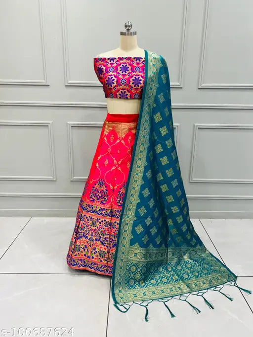 Banarasi Silk Lehenga-Choli with Jacquard print, semi-stitched (38" waist, 41" length), featuring overlock thread and lining. Beautifully embellished dupatta included. High-quality fabric, ready to ship. Indian designer collection for festivals and special occasions