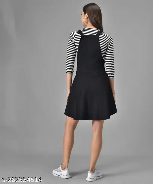 New shoot black dungaree: cotton blend striped net three-quarter sleeve, Indian-made fashion wear