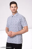 Light grey cotton blend polo t-shirt for men with geometric print, short sleeves and regular length collar. Made in India