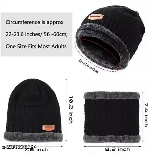 Woolen topa set (Beanie/Skull Cap & Neck Warmer) with faux fur inner side, black. High-quality woolen winter cap and scarf combo for both men and women, suitable for daily activities or work. Fashionable, trending, and easy to carry in outdoor activities. Made in India