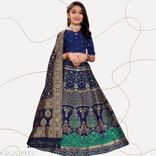 Bamboo kids lengha nfz with Aztec stitch, long sleeves, semi-stitched net. 7-8 years size: waist 28 in, length 28 in, dupatta 1.5 in