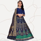 Bamboo kids lengha nfz with Aztec stitch, long sleeves, semi-stitched net. 7-8 years size: waist 28 in, length 28 in, dupatta 1.5 in